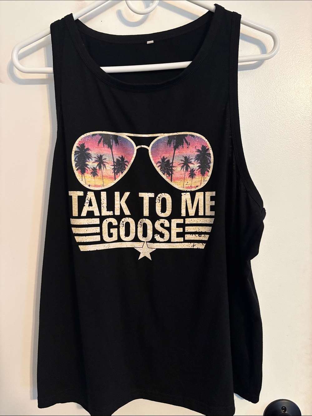 Black Graphic Tank Top "Talk To Me Goose" with Sunset Sunglasses